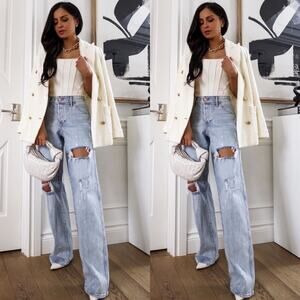 Express Wool-Blend Double Breasted Novelty Button Blazer in Ivory & Gold